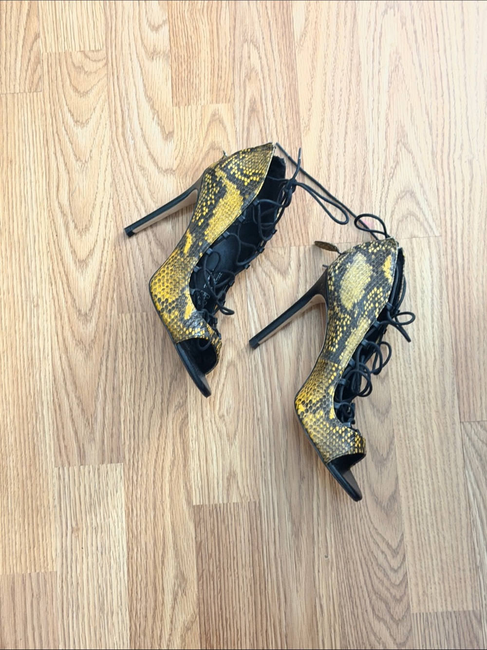 Zara Women’s Lace-Up Snake Print Stiletto Heels in Yellow